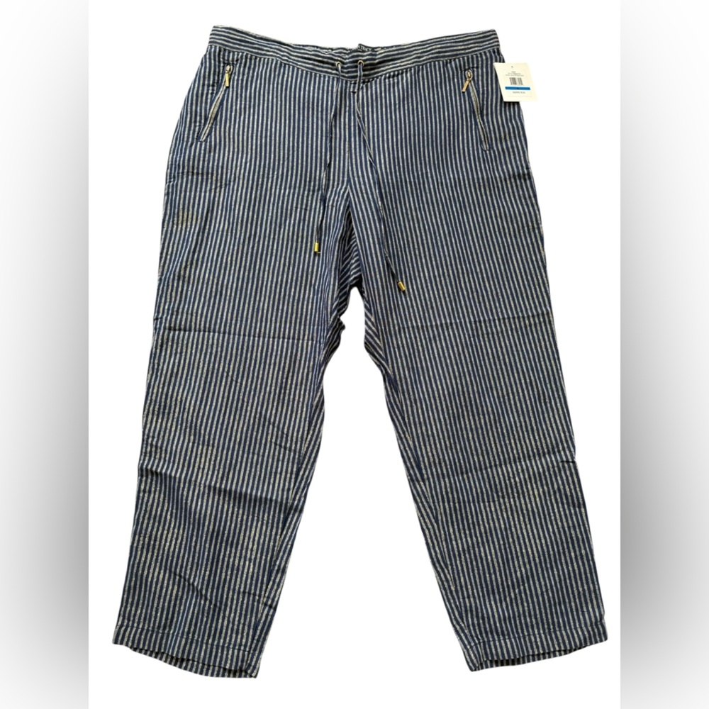 New XL Ellen Tracy Linen Blend Navy Striped Gold Metallic Pants